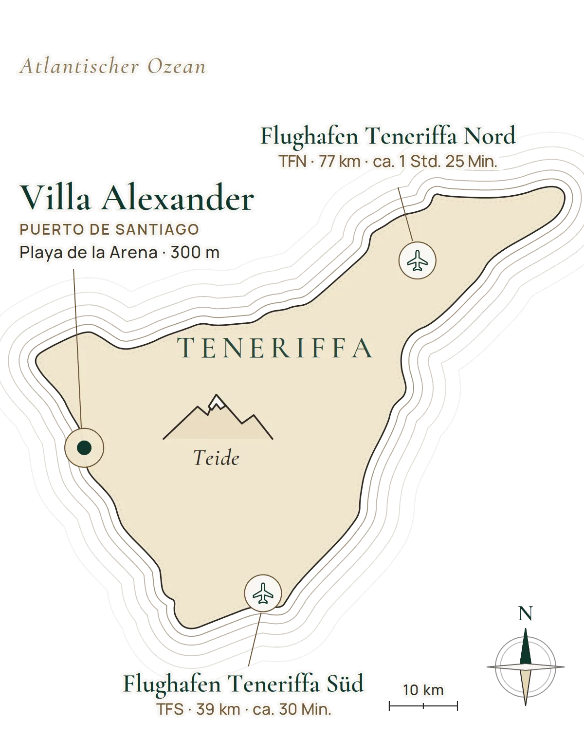 Lagekarte Teneriffa Villa Alexander (Mobil) Illustrierte Karte von Teneriffa mit der Lage der Villa Alexander in Puerto de Santiago im Südwesten, Playa de la Arena, Teide und den Flughäfen Süd und Nord